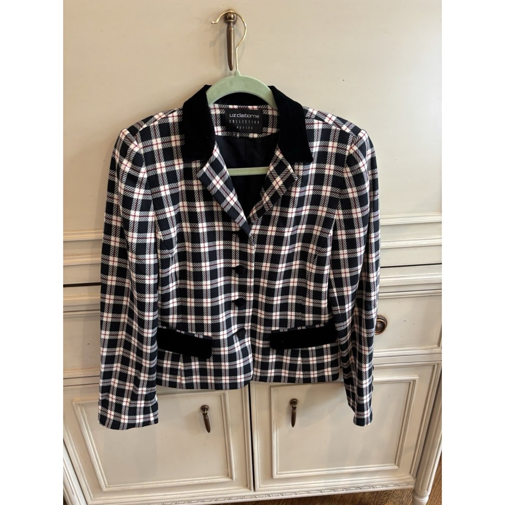 Vintage Liz Claiborne Black White Red Plaid‎ Velvet Collared Button Blazer 8P